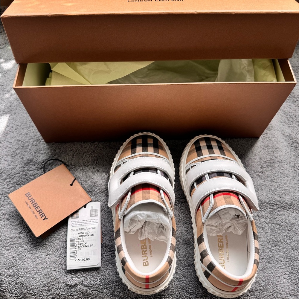 Burberry Kids Sneakers - White, Tan, and Red Plaid